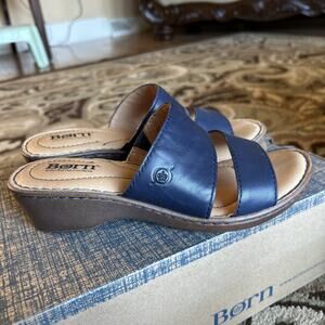 Womens 6 M Born Lamium Navy Leather Sandals Open Toe Slide Wedge Shoes F66034